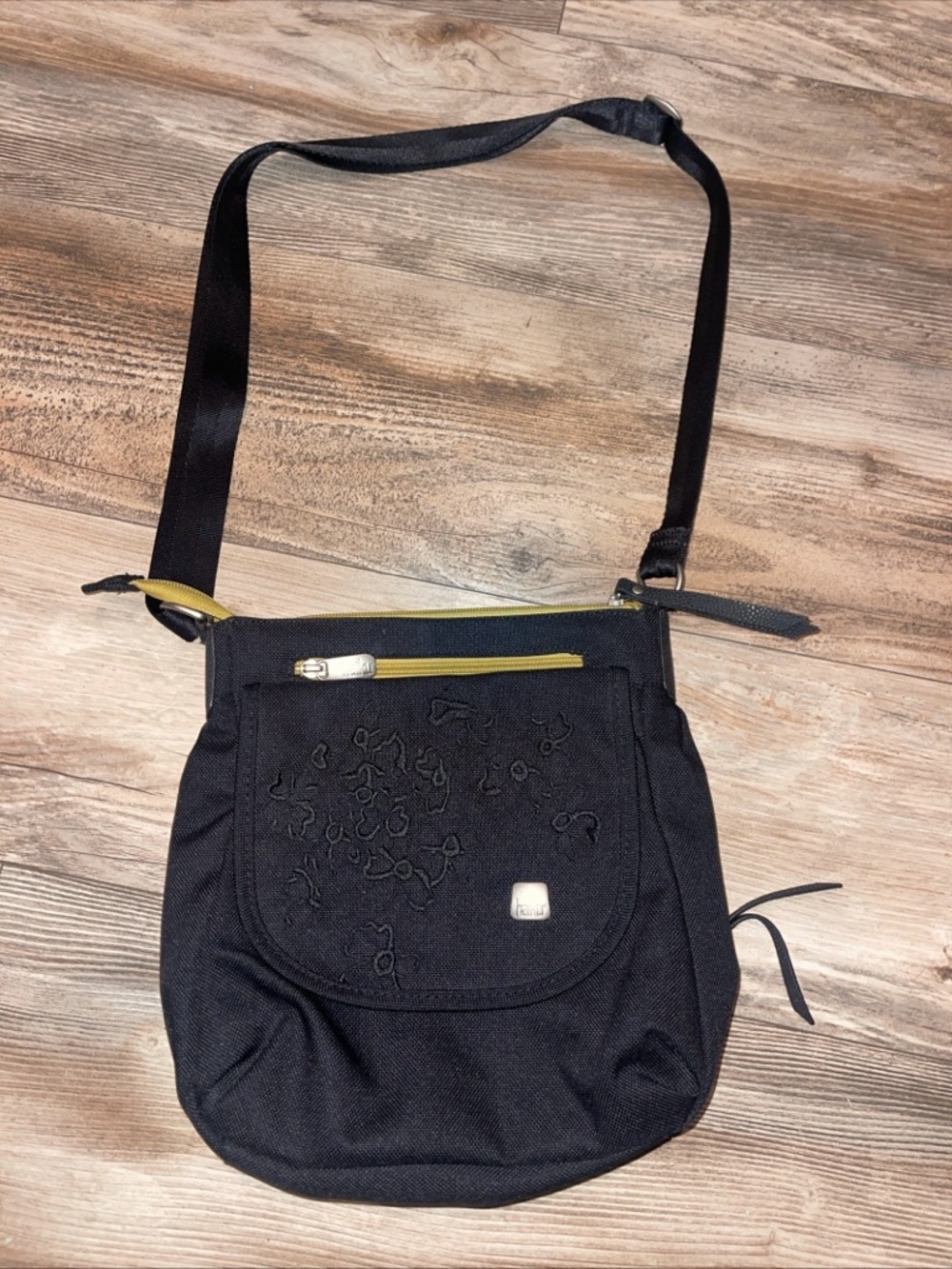 Haiku Black Crossbody Bag Embroidered Floral Accent Adjustable Strap Yellow Zip